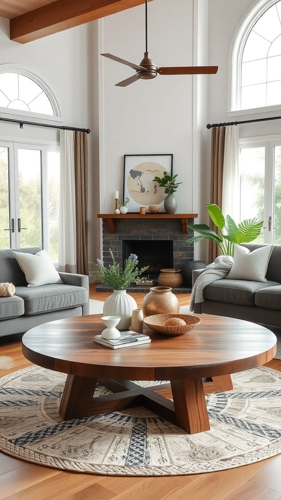 A cozy living room featuring a round wooden table centerpiece surrounded by comfortable seating and decorative elements.