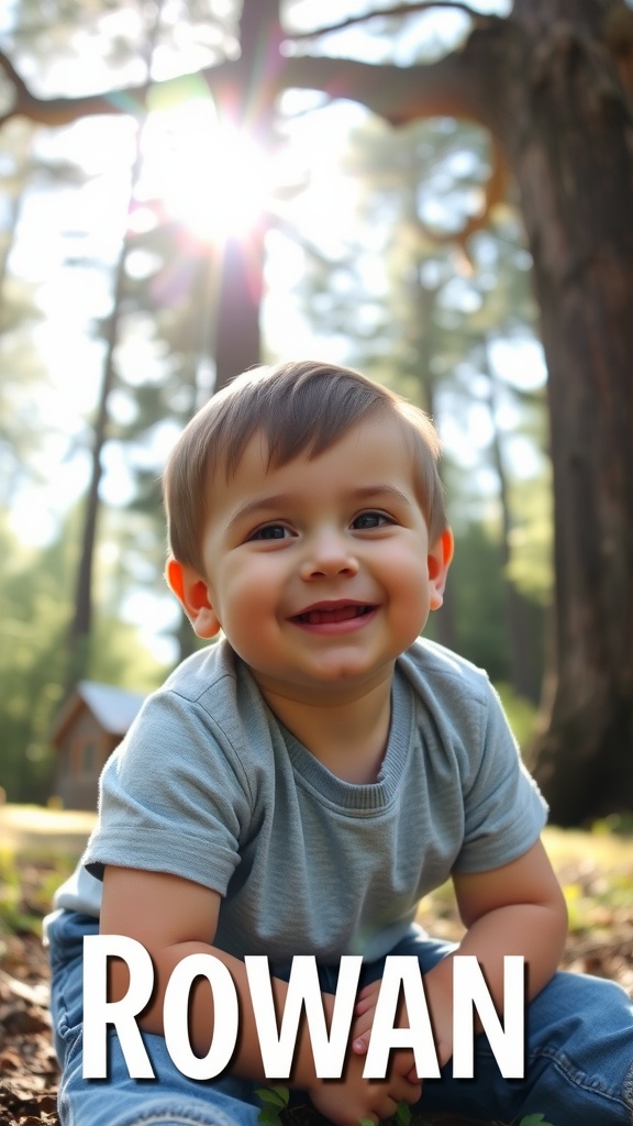 A happy little boy named Rowan sitting in a forest with sunlight shining through the trees.