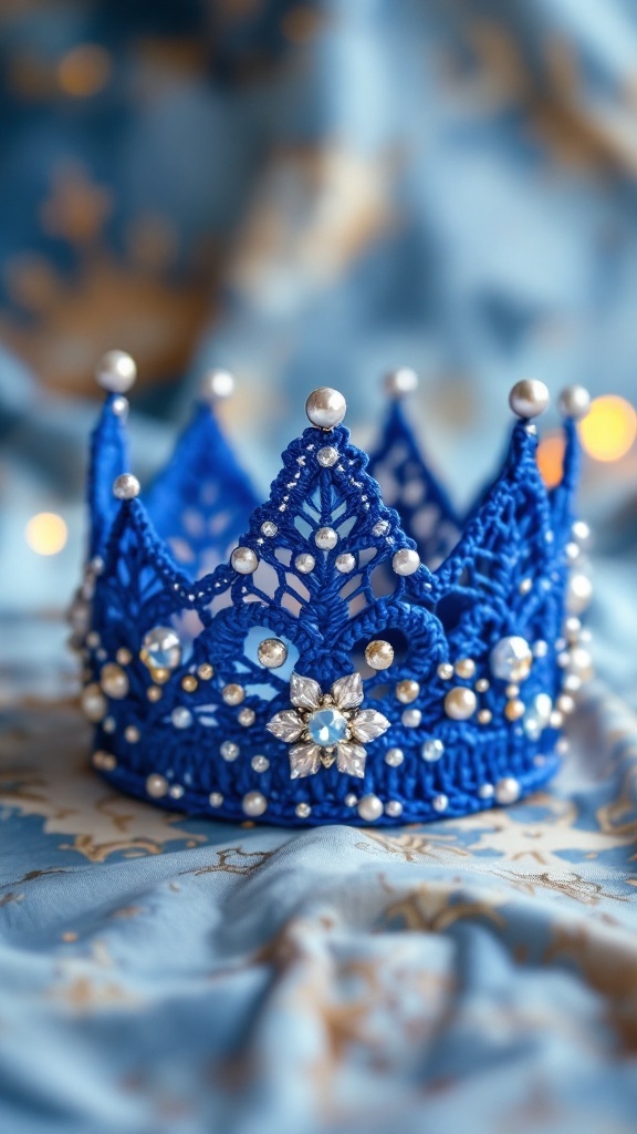 A beautiful royal blue crochet crown adorned with pearls and gems, placed on a blue patterned fabric.