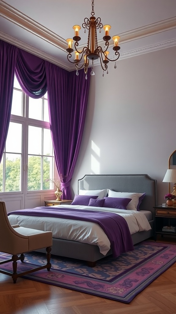 A beautifully decorated bedroom featuring royal purple draperies, a plush bed, and elegant furniture.