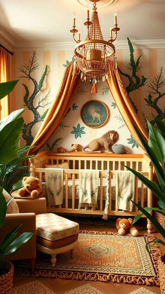 A cozy nursery with safari-themed decor, featuring a crib, lush greenery, and animal motifs.