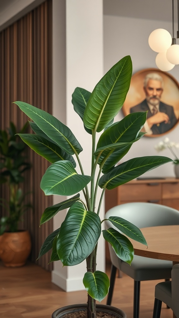 A healthy Rubber Plant with large, glossy leaves standing in a modern interior setting.