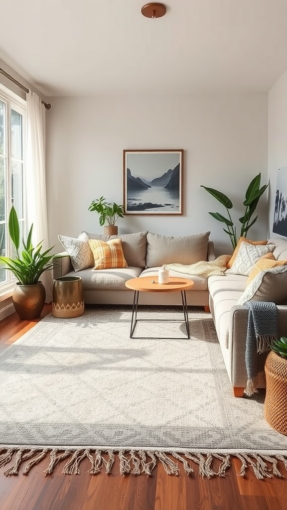 Cozy family room with layered rugs, plants, and modern decor.