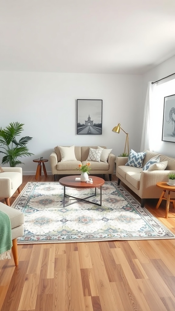 A cozy living room with a patterned rug, two sofas, a coffee table, and decorative plants.