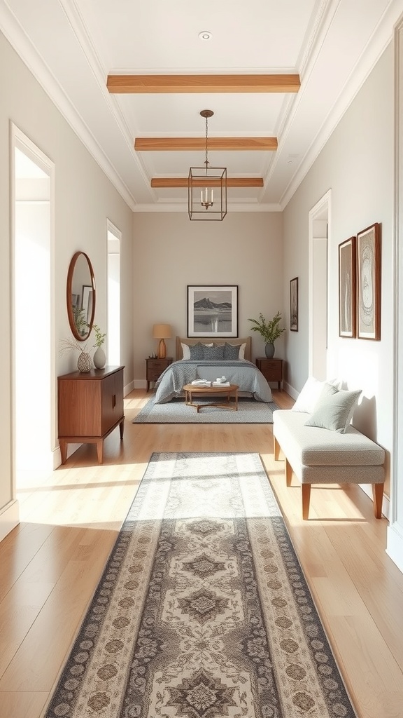A hallway with a patterned rug runner, light wood flooring, and neutral walls.