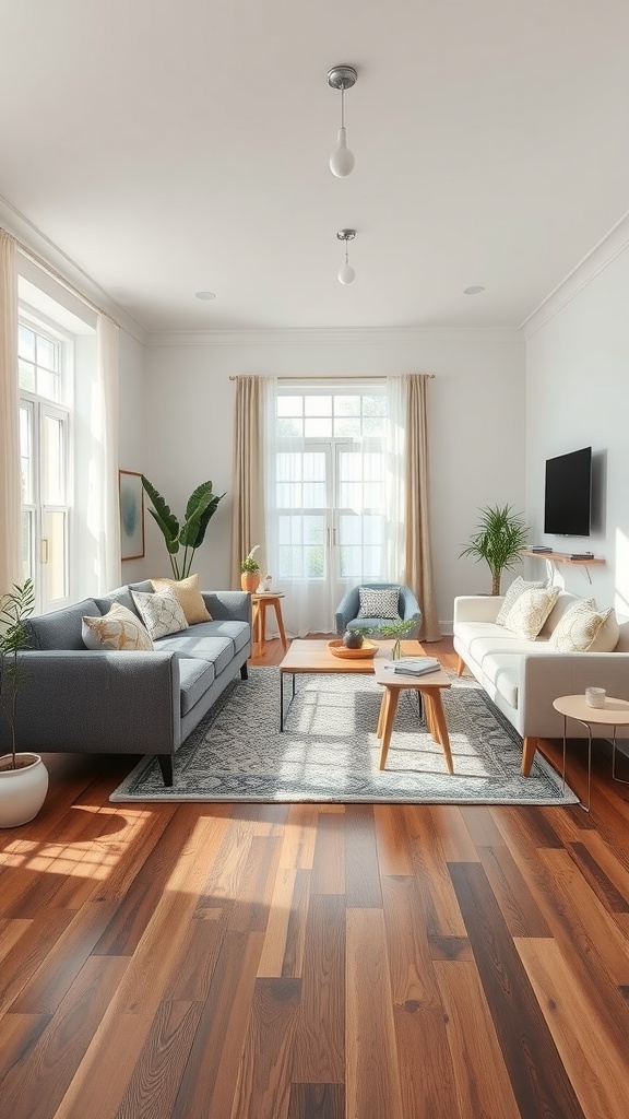 Bright living room with a rug under the coffee table and sofas, featuring wooden floors and large windows.
