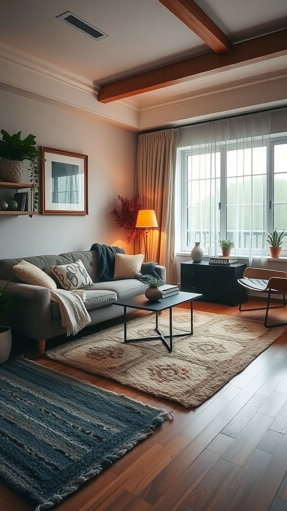 A cozy living room featuring two different rugs, a gray couch, a coffee table, and a warm lamp.