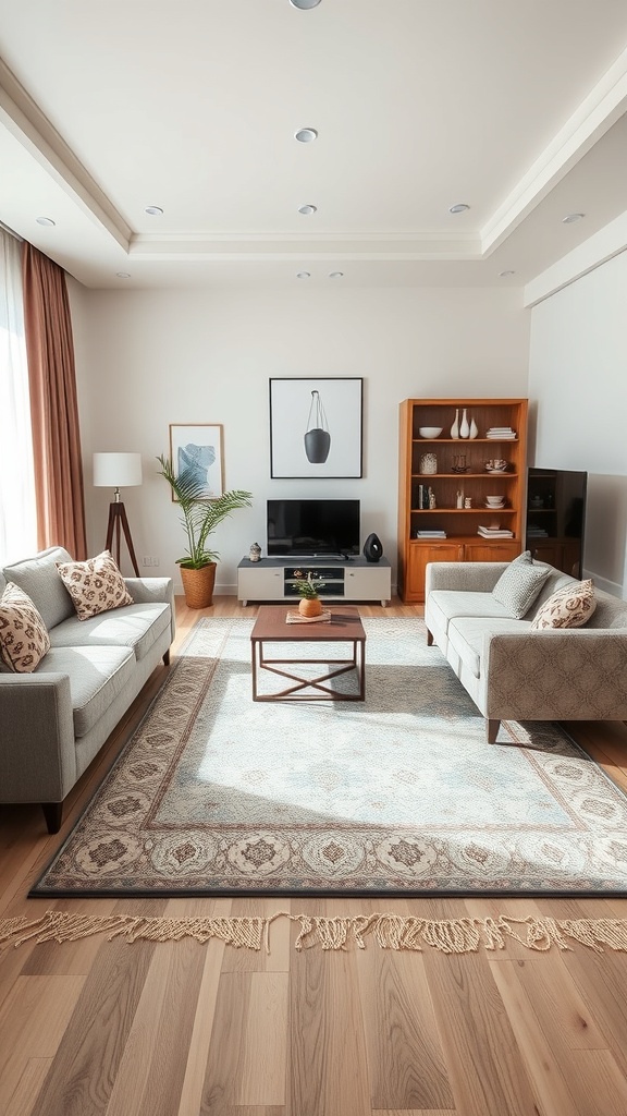 A stylish living room with a large rug defining the seating area, featuring two sofas, a coffee table, and a television.