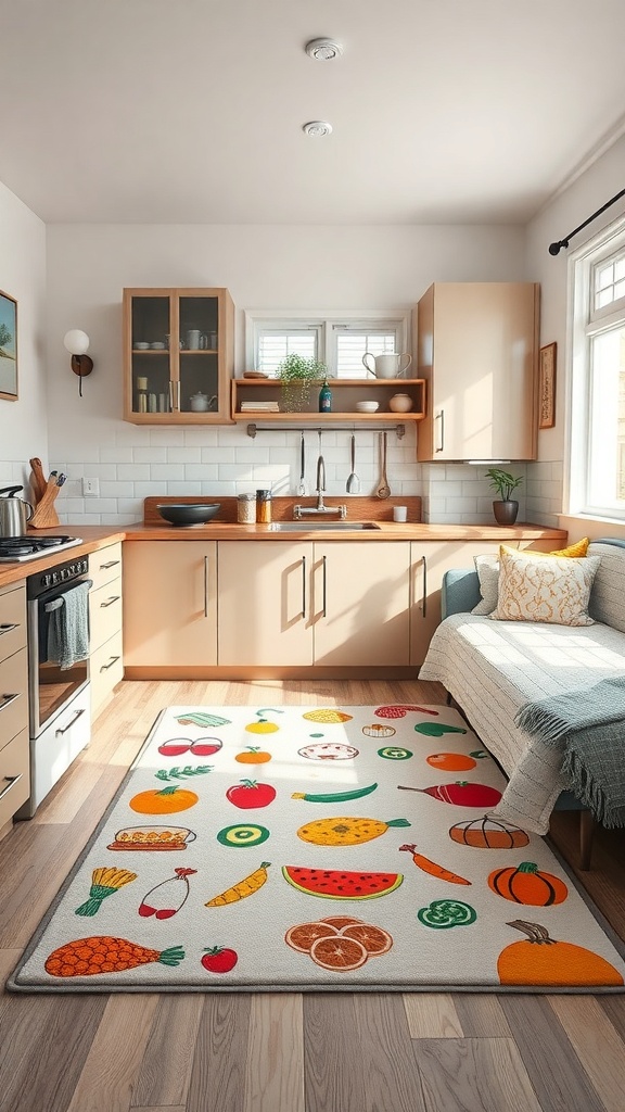 A colorful kitchen rug featuring various fruits and vegetables, placed in a bright kitchen setting.