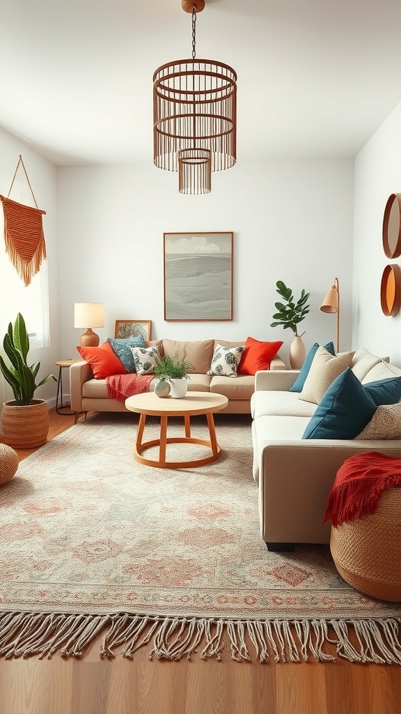 Cozy living room with a rug featuring fringe details, complemented by colorful cushions and plants.
