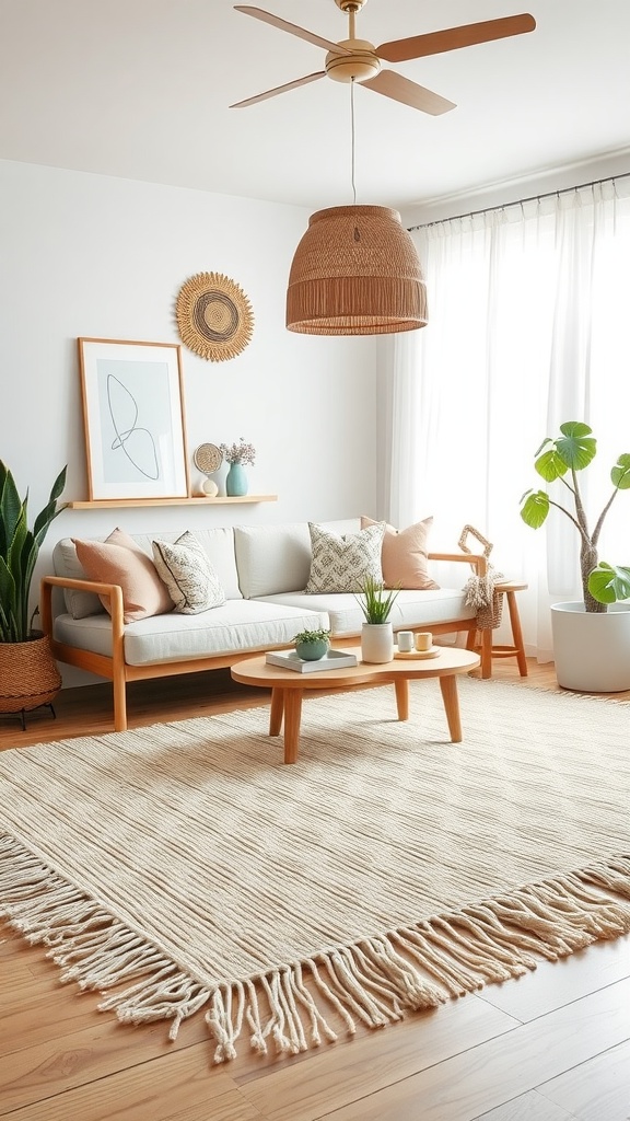 A cozy living room featuring a fringed rug, light wooden furniture, and decorative plants.
