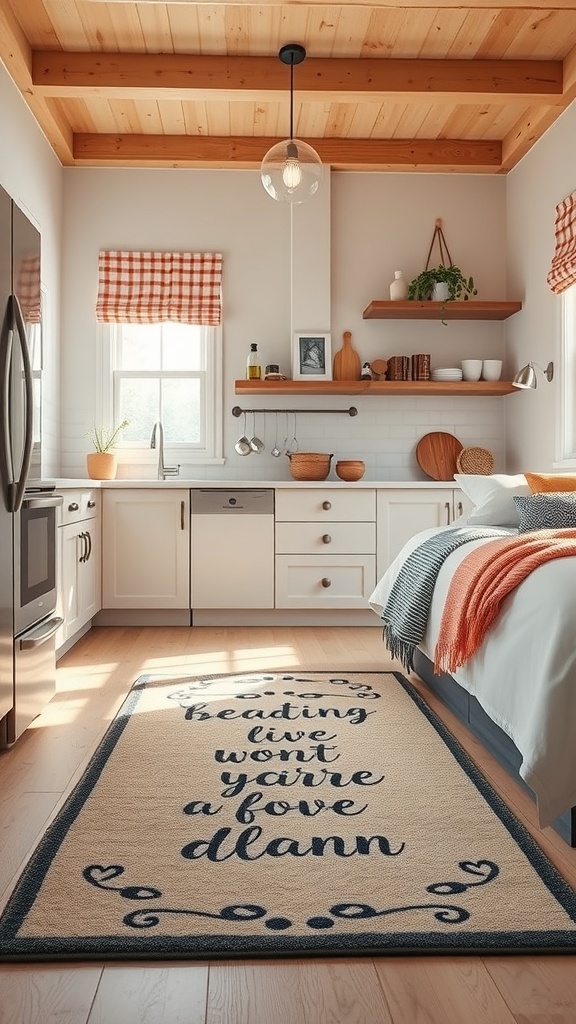 A kitchen rug with an inspirational quote, placed in a cozy kitchen setting with wooden beams and a warm color palette.