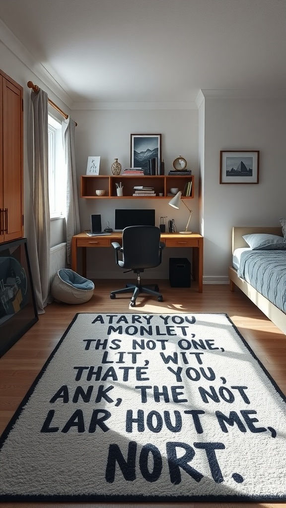 A cozy bedroom with a rug featuring an inspirational quote, a desk, and a bed