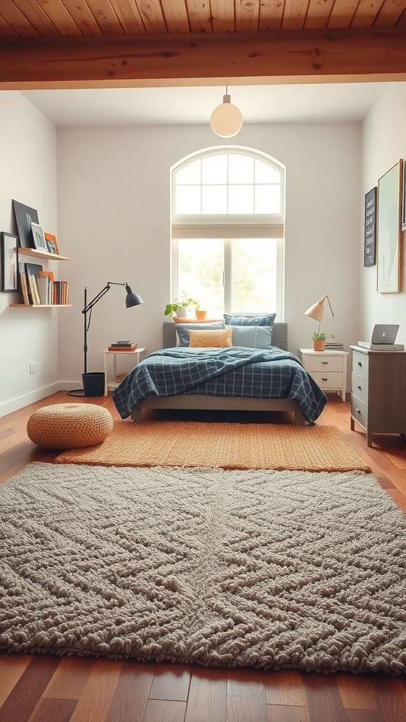 A cozy bedroom featuring a soft, textured area rug, complementing the bedding and decor.
