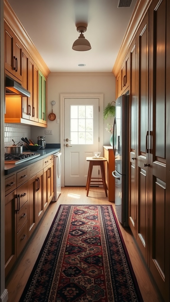 A narrow kitchen with wooden cabinets and a decorative runner rug on the floor.