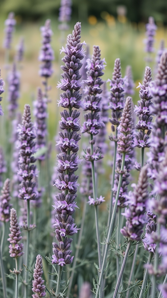 Beautiful tall purple flowers of Russian Sage in a garden setting.