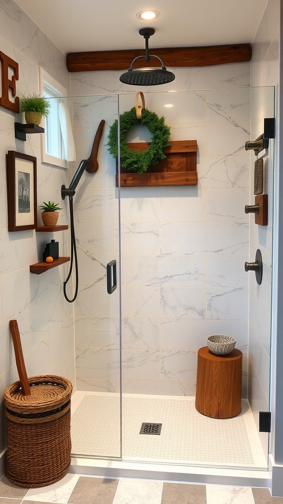 A rustic walk-in shower featuring wooden accents, plants, and a vintage showerhead.