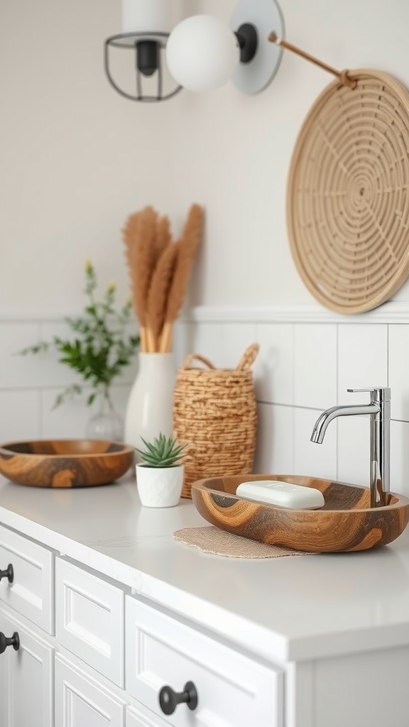 A rustic bathroom setup featuring wooden bowls, a modern faucet, and natural decor.