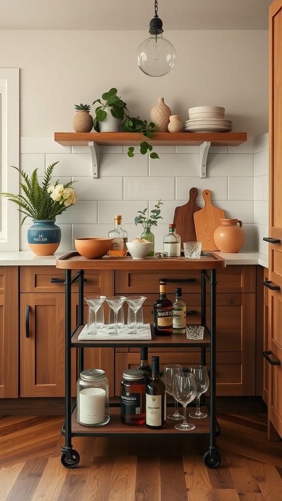 A rustic bar cart setup in a kitchen featuring wooden shelves, glassware, and decorative plants.