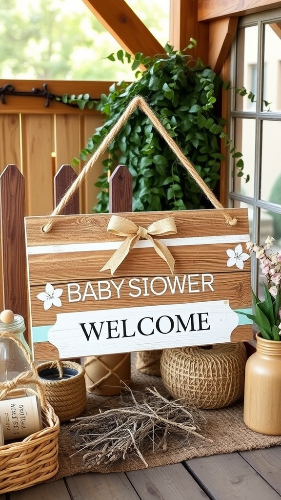 Rustic baby shower welcome sign made of wood with flowers and natural decorations