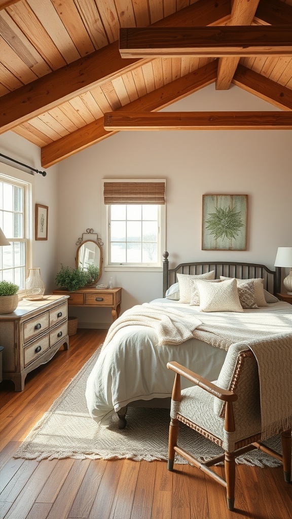 A cozy rustic bedroom featuring wooden beams, beige bedding, and natural decor.
