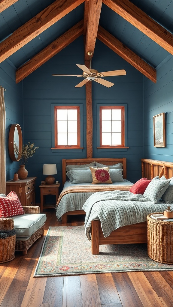 Rustic blue bedroom with wooden beams, cozy bed, and natural light