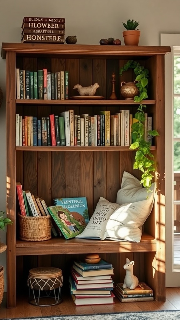 A rustic wooden bookshelf filled with books and decorative items, including a plant and a figurine.