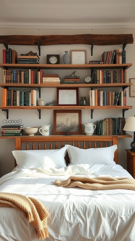 A rustic bookshelf filled with various books, decorative items, and a cozy bed with white linens and a warm throw.