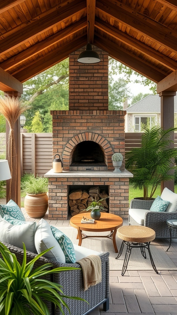 A rustic outdoor kitchen featuring a brick oven, cozy seating, and lush greenery.