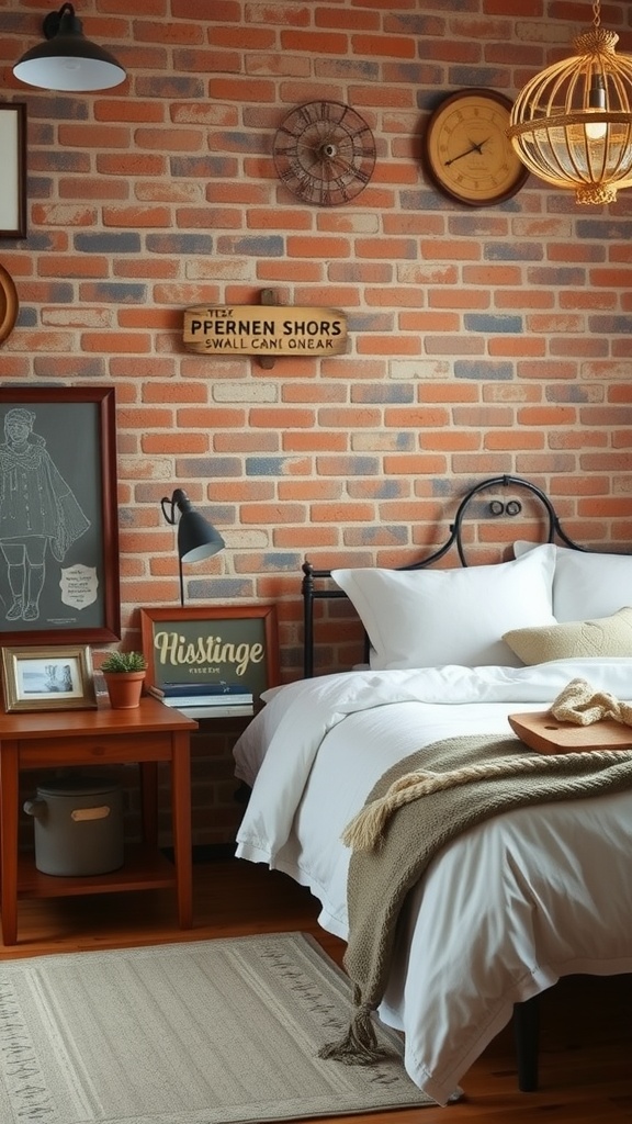 A cozy bedroom featuring a rustic brick wall with various decor elements.