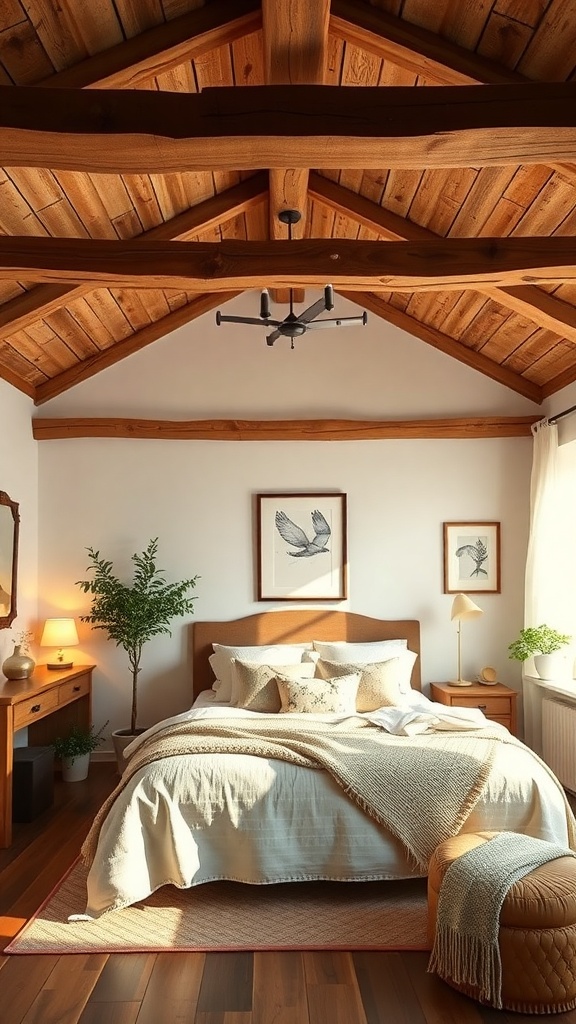 A cozy bedroom featuring rustic brown beams on the ceiling, warm lighting, and natural decor.