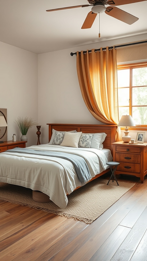 A cozy bedroom featuring rustic burlap curtains, wooden furniture, and soft bedding.
