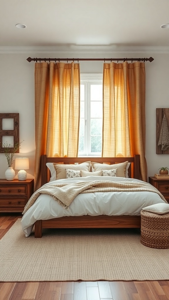 A cozy bedroom featuring rustic burlap curtains in warm tones, wooden furniture, and soft bedding.