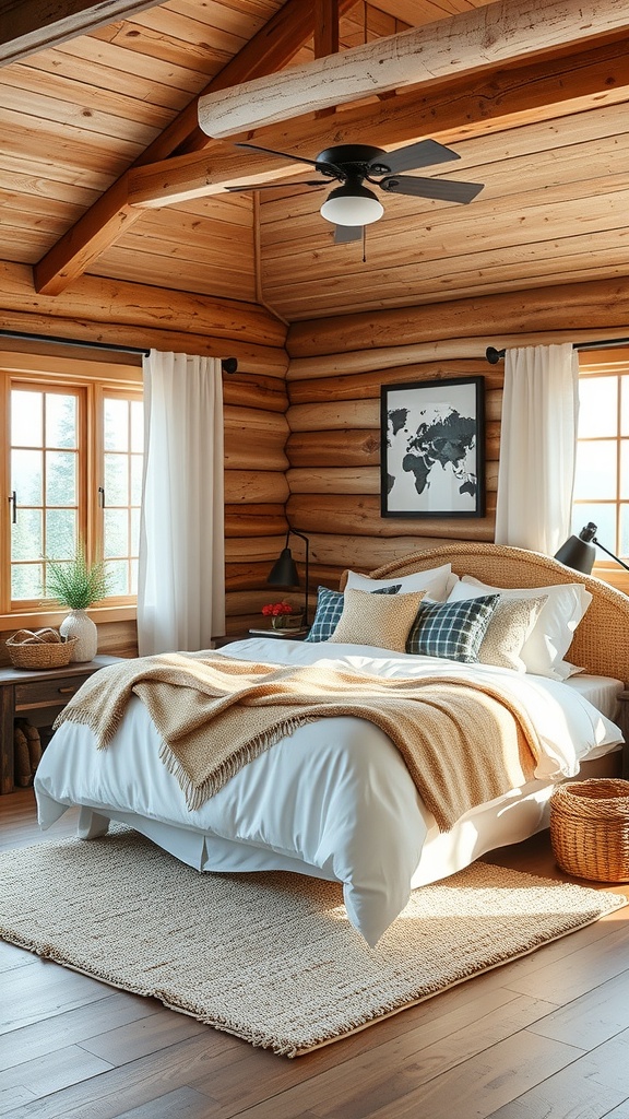 A rustic cabin bedroom featuring wooden walls, a cozy bed with white linens and patterned pillows, and a world map on the wall.