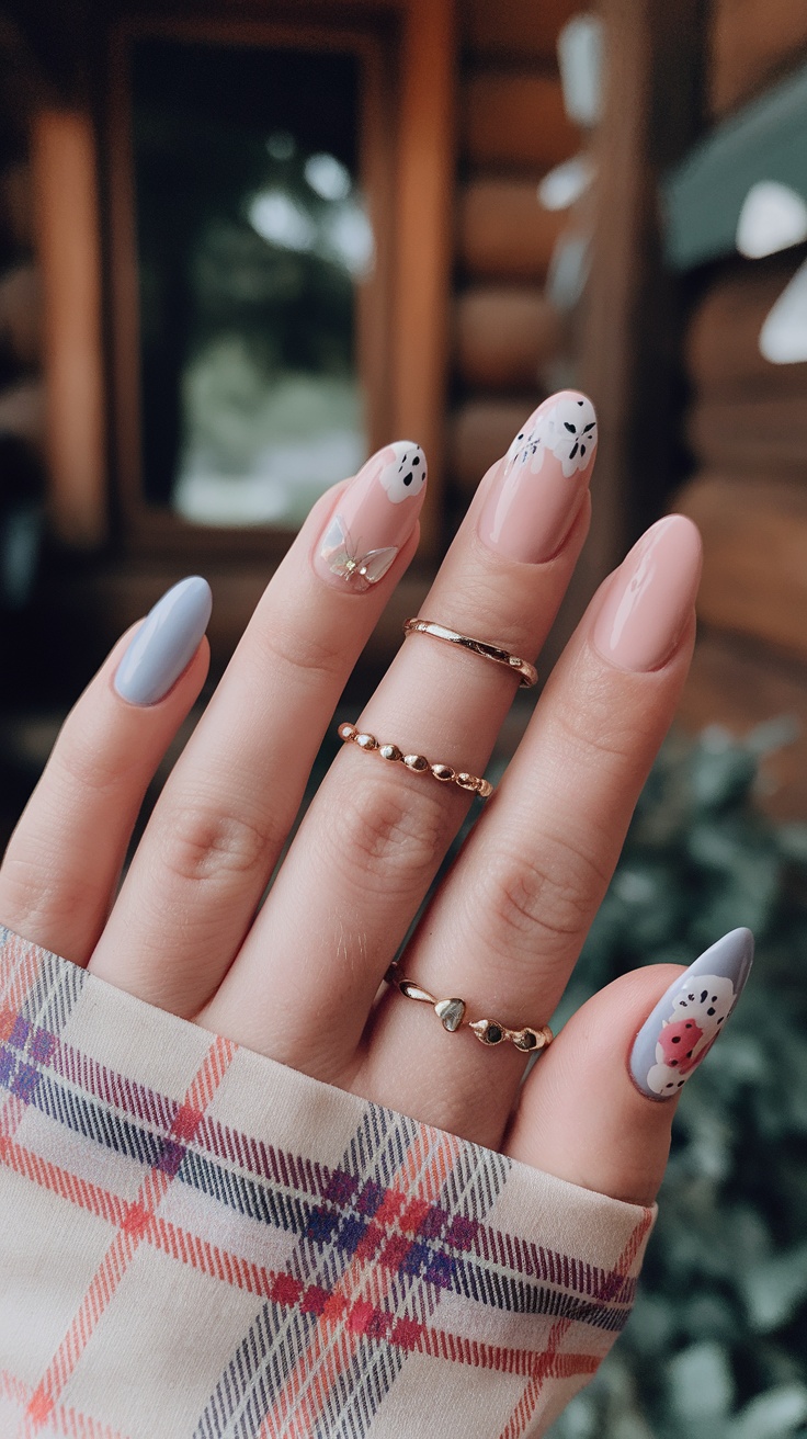Close-up of a hand with beautifully designed summer vacation nails in a rustic cabin setting