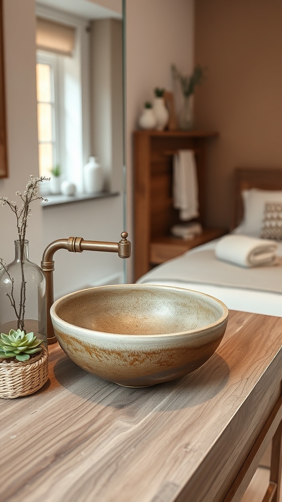 A rustic ceramic sink on a wooden countertop in a cozy bathroom setting.