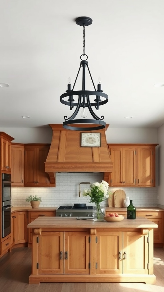 Rustic chandelier above wooden kitchen island