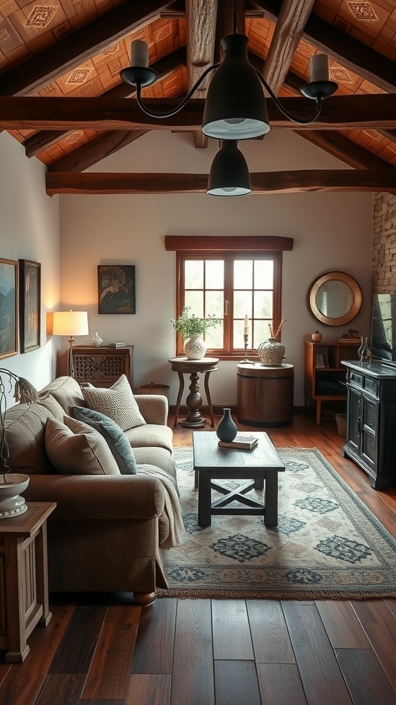 A cozy rustic living room featuring a brown couch, wooden beams, and warm decor.
