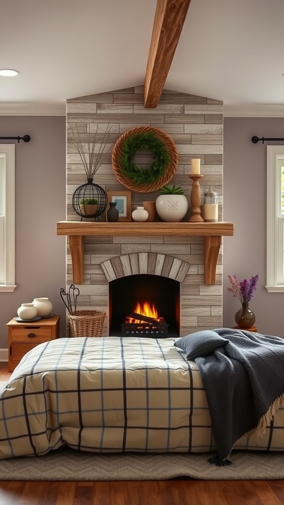 Cozy bedroom with a faux fireplace, wooden mantel, and rustic decor.