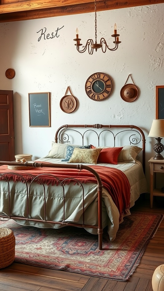A cozy bedroom featuring an antique metal bed frame with soft bedding, warm lighting, and rustic decor.