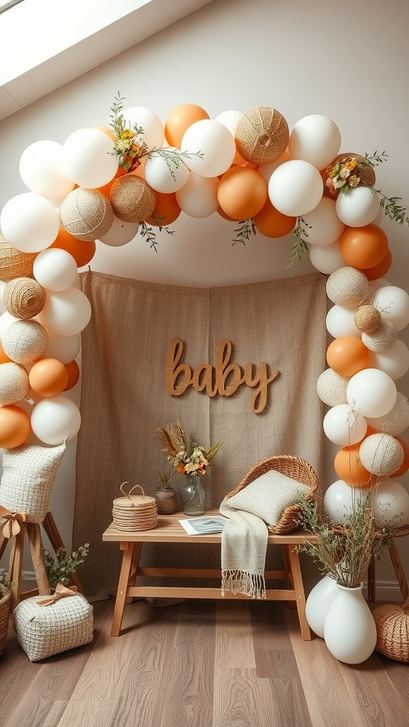 A rustic baby-themed decor with a balloon arch in orange and white colors, featuring a cozy chair and wooden table.