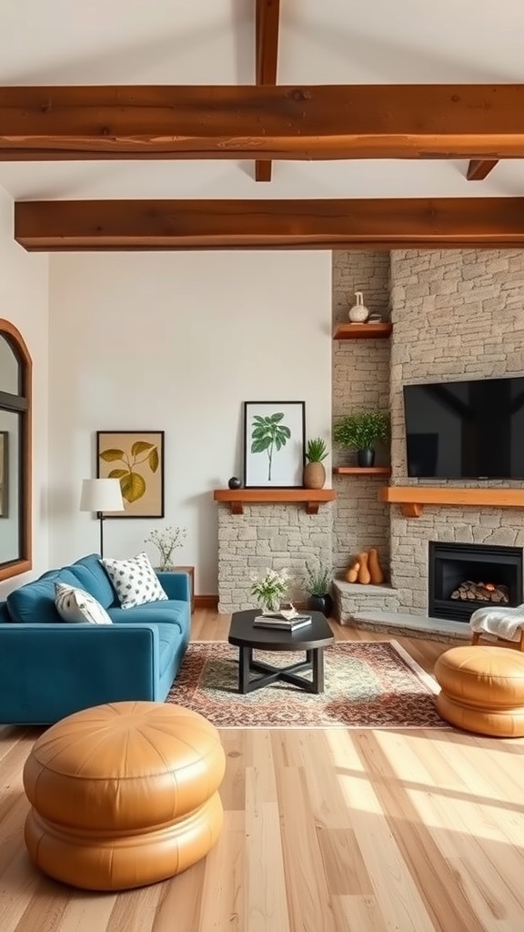 A cozy living room featuring a blue sofa, wooden beams, and a stone fireplace.