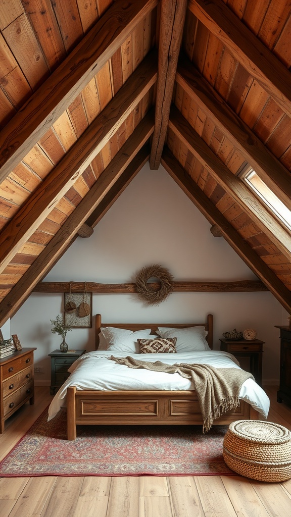 Cozy attic bedroom with exposed wooden beams and rustic decor.