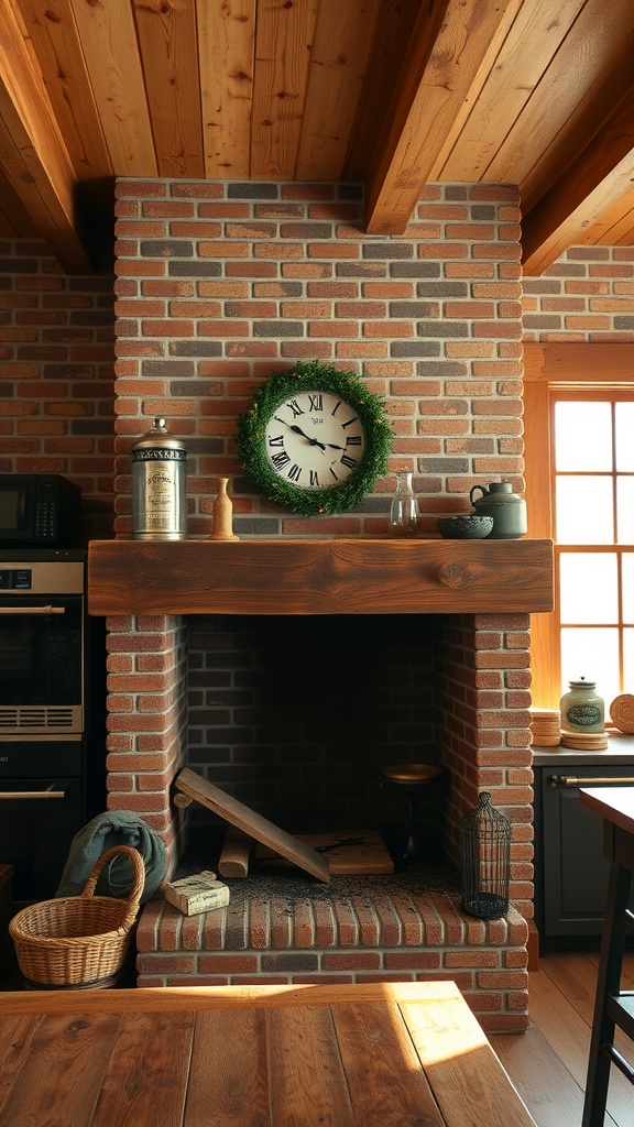 A cozy kitchen with an exposed brick chimney, wooden beams, and rustic decor.