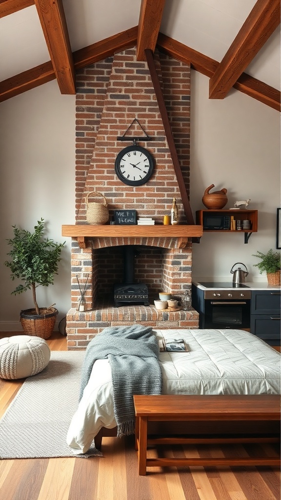 A rustic kitchen featuring an exposed brick chimney, wooden beams, and cozy decor.