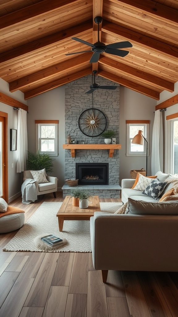 A cozy living room featuring wooden beams, a stone fireplace, and modern furniture with rustic accents.