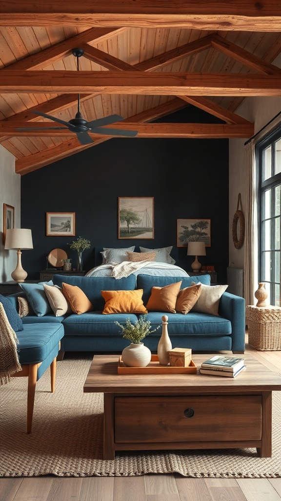 A cozy living room featuring a navy blue sofa with orange and beige cushions, wooden beams, and a rustic coffee table.
