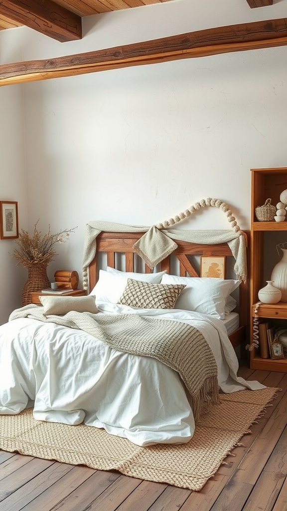 A cozy bedroom with a wooden bed frame, layered bedding in white and beige, and rustic decor.