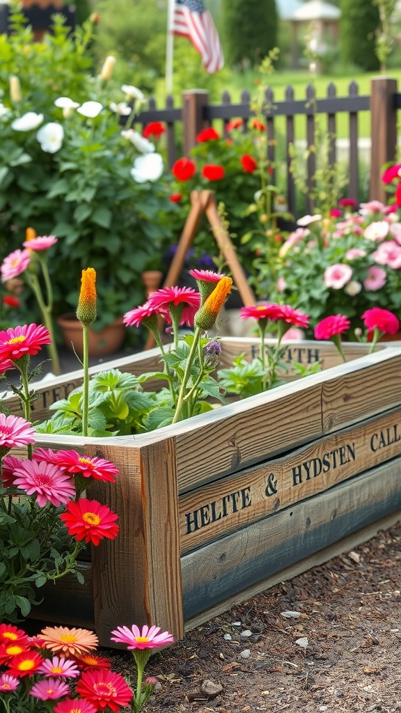 A wooden raised garden bed made from reclaimed wood, surrounded by vibrant flowers.