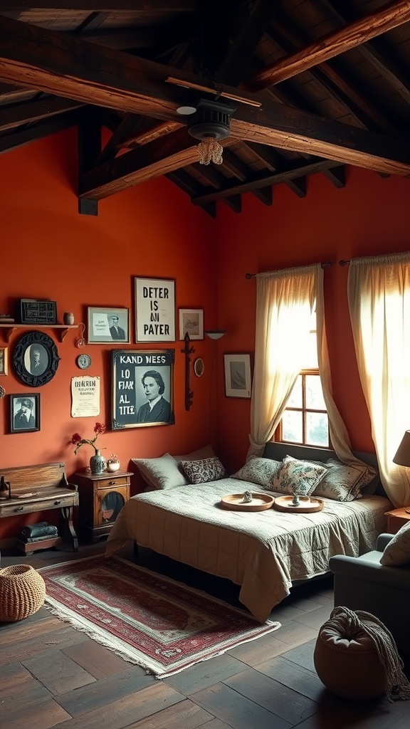 A cozy bedroom with burnt orange walls, wooden beams, and vintage decor.